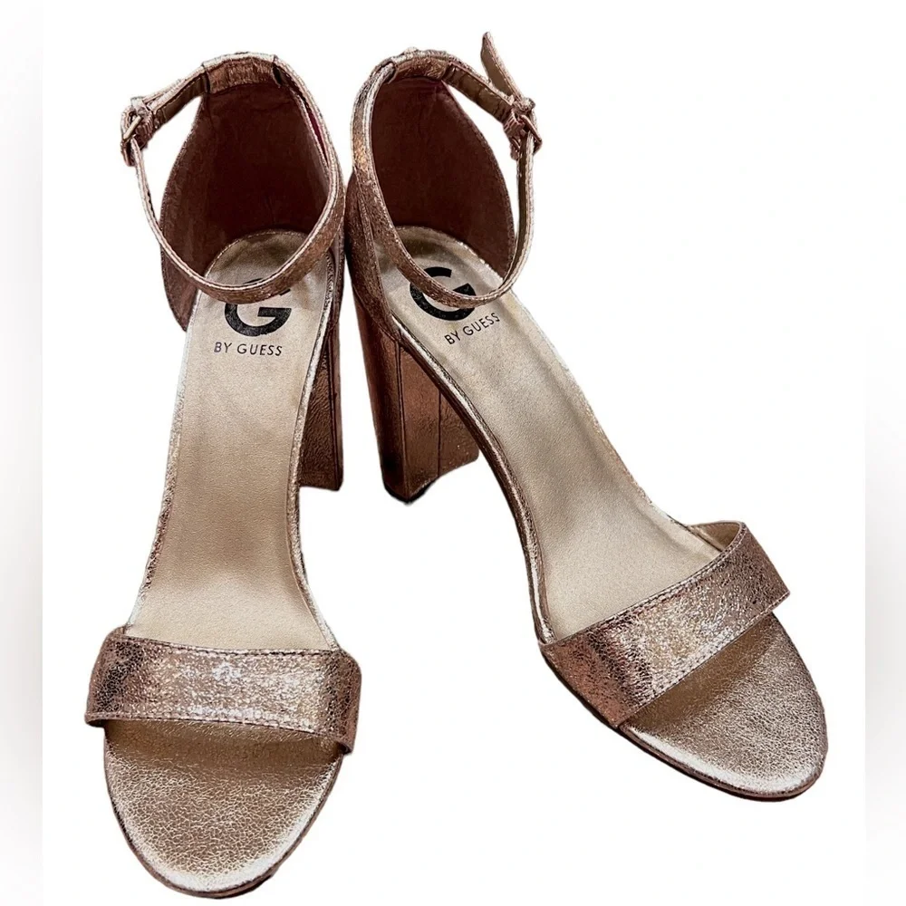 G by Guess Champagne Gold Shantel 3 Heel Strap Sandals, Size 10